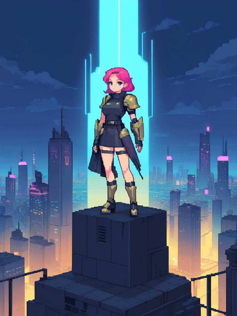 15473-2925792828-_lora_pixel style-000007_0.7_,pixel style, Imagine a striking woman in a dystopian future, leading a group of rebels. She's dres.png